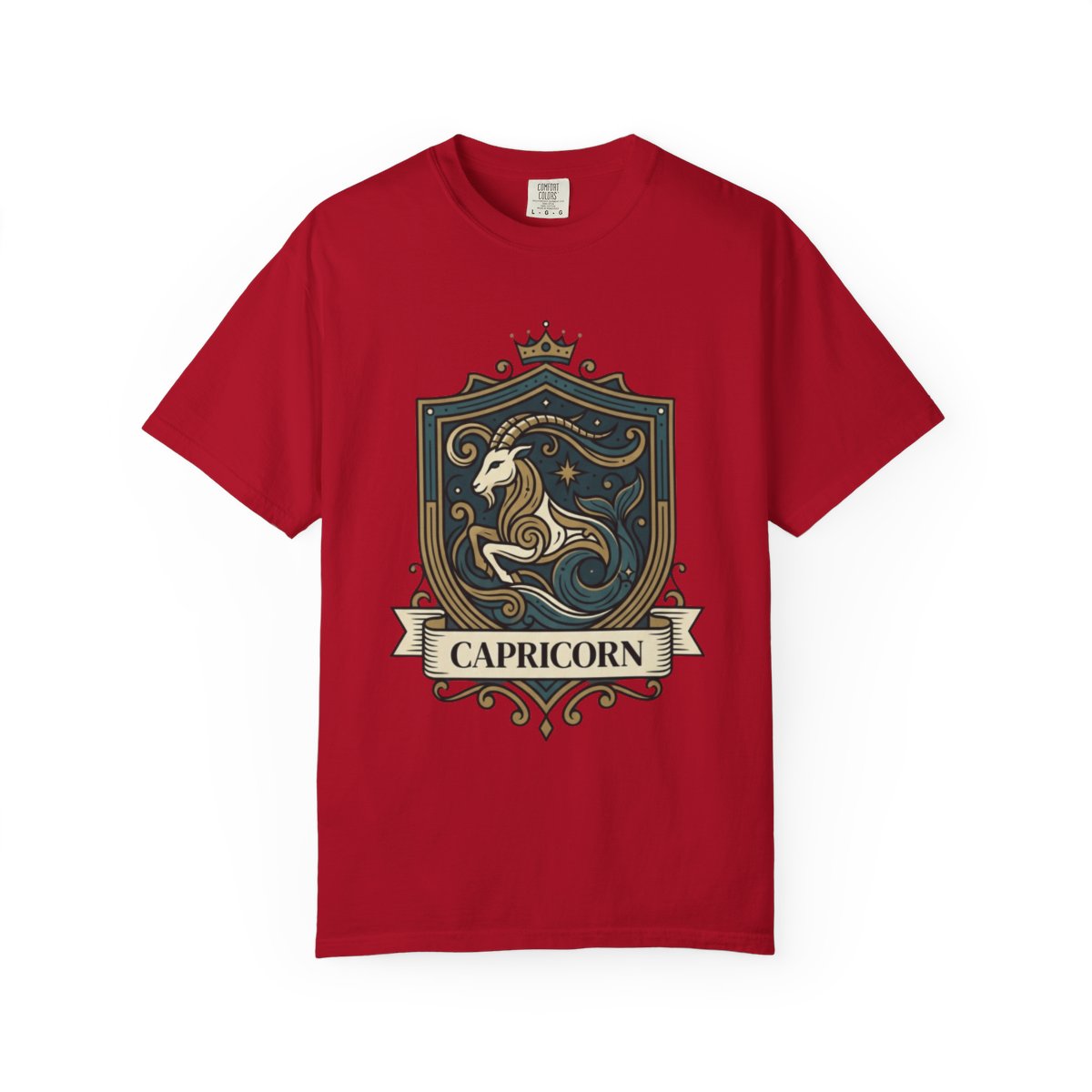 Color: Red | Capricorn- The Sea-Goat Crest Unisex Garment-Dyed Tee