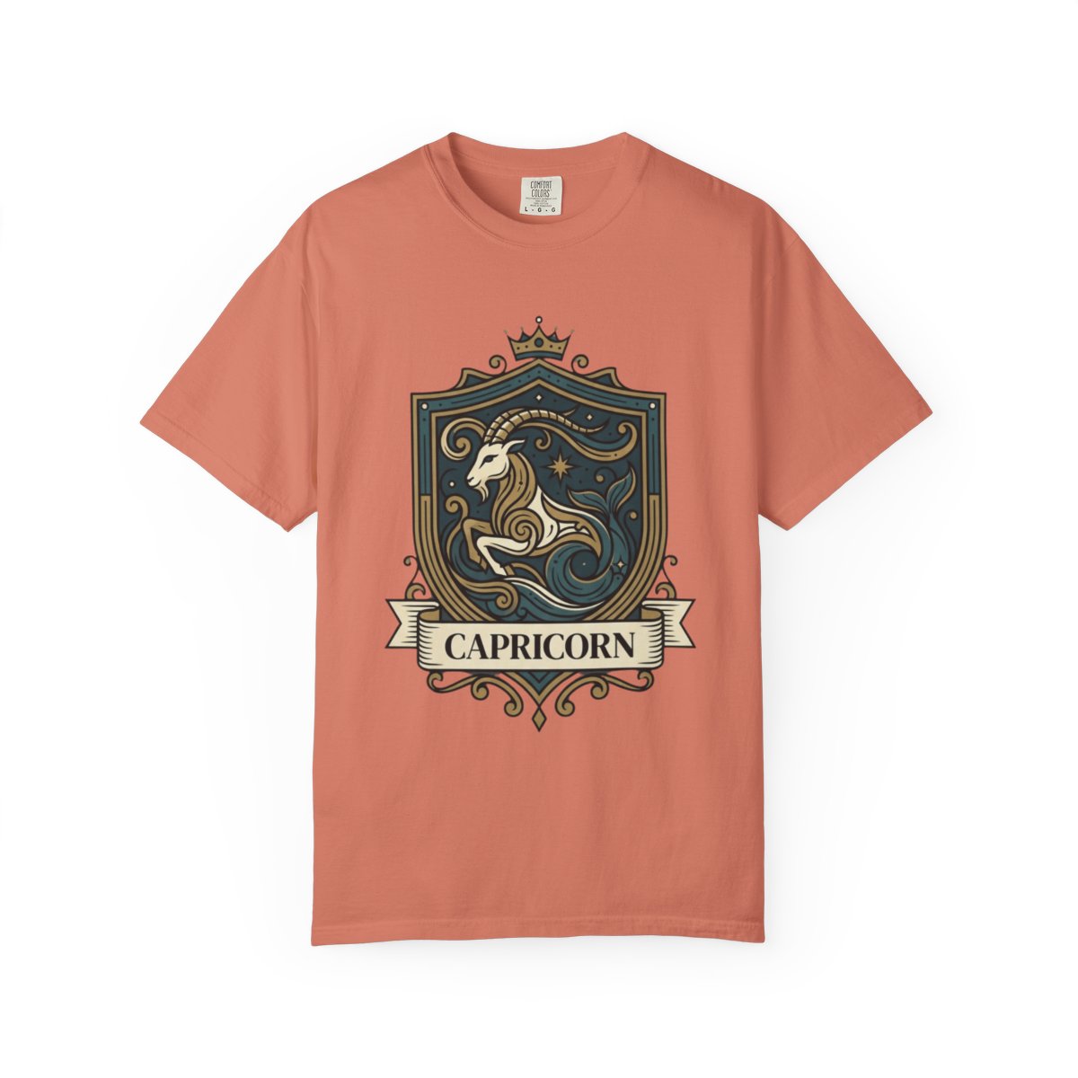 Color: Terracotta | Capricorn- The Sea-Goat Crest Unisex Garment-Dyed Tee