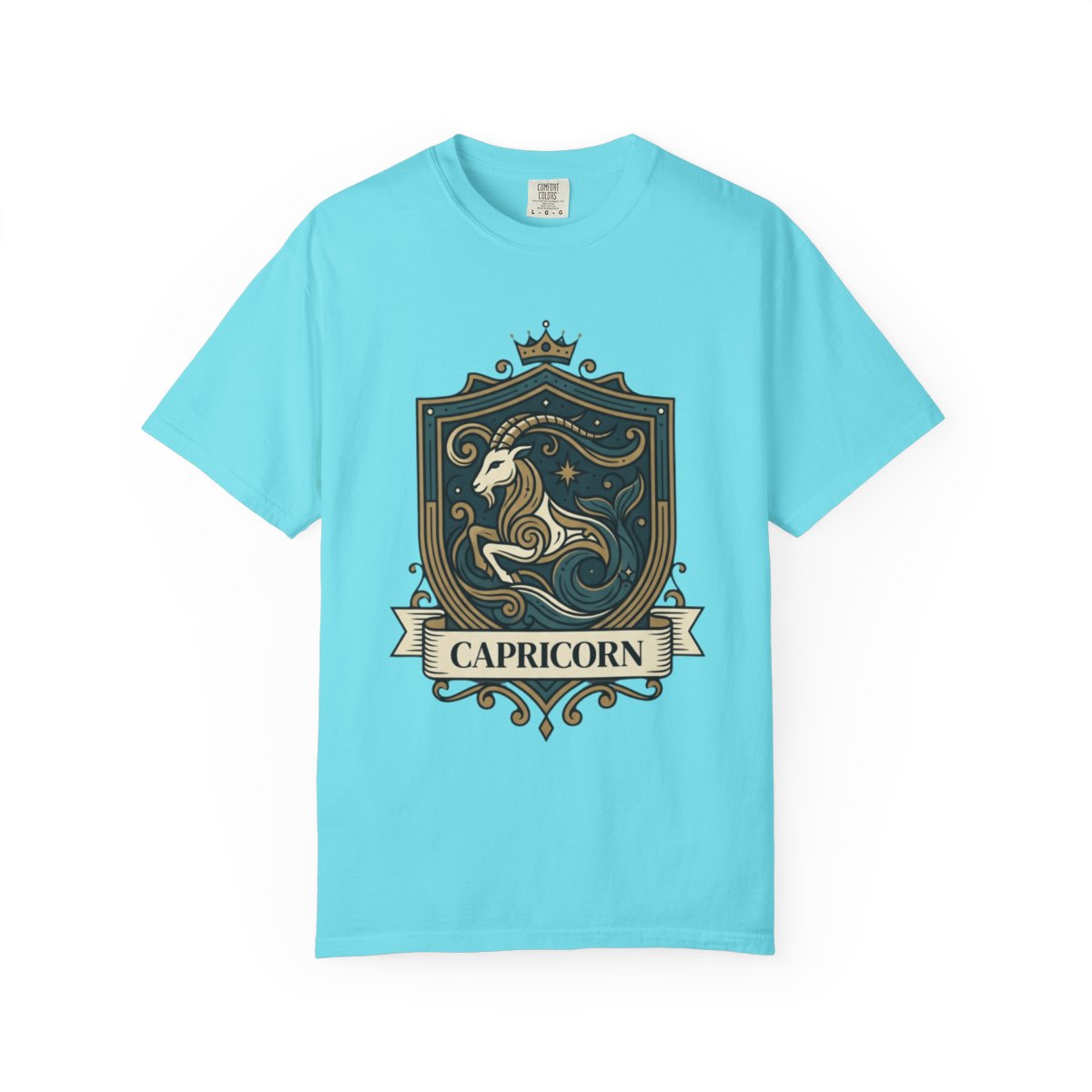 Color: Lagoon Blue | Capricorn- The Sea-Goat Crest Unisex Garment-Dyed Tee