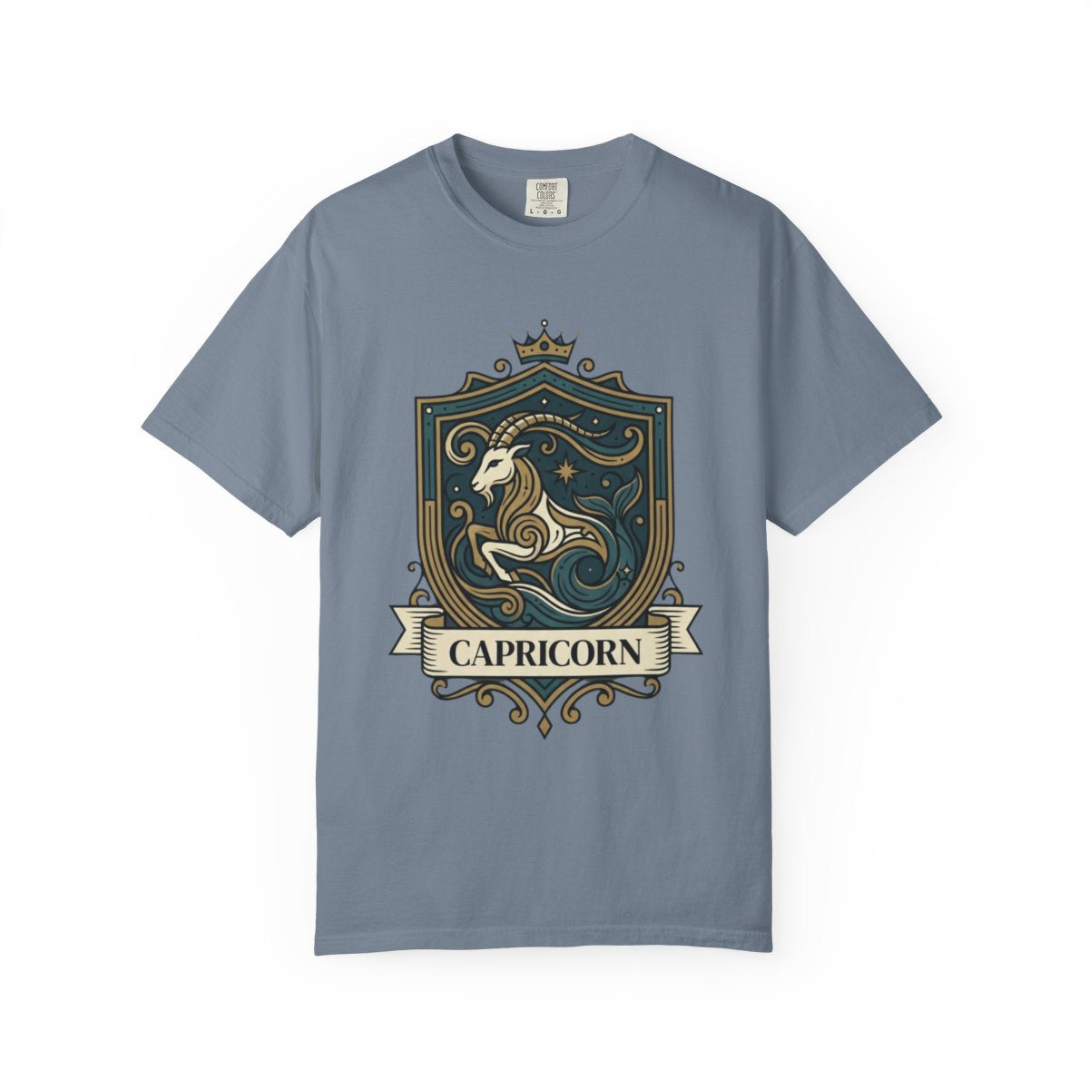 Color: Blue Jean | Capricorn- The Sea-Goat Crest Unisex Garment-Dyed Tee