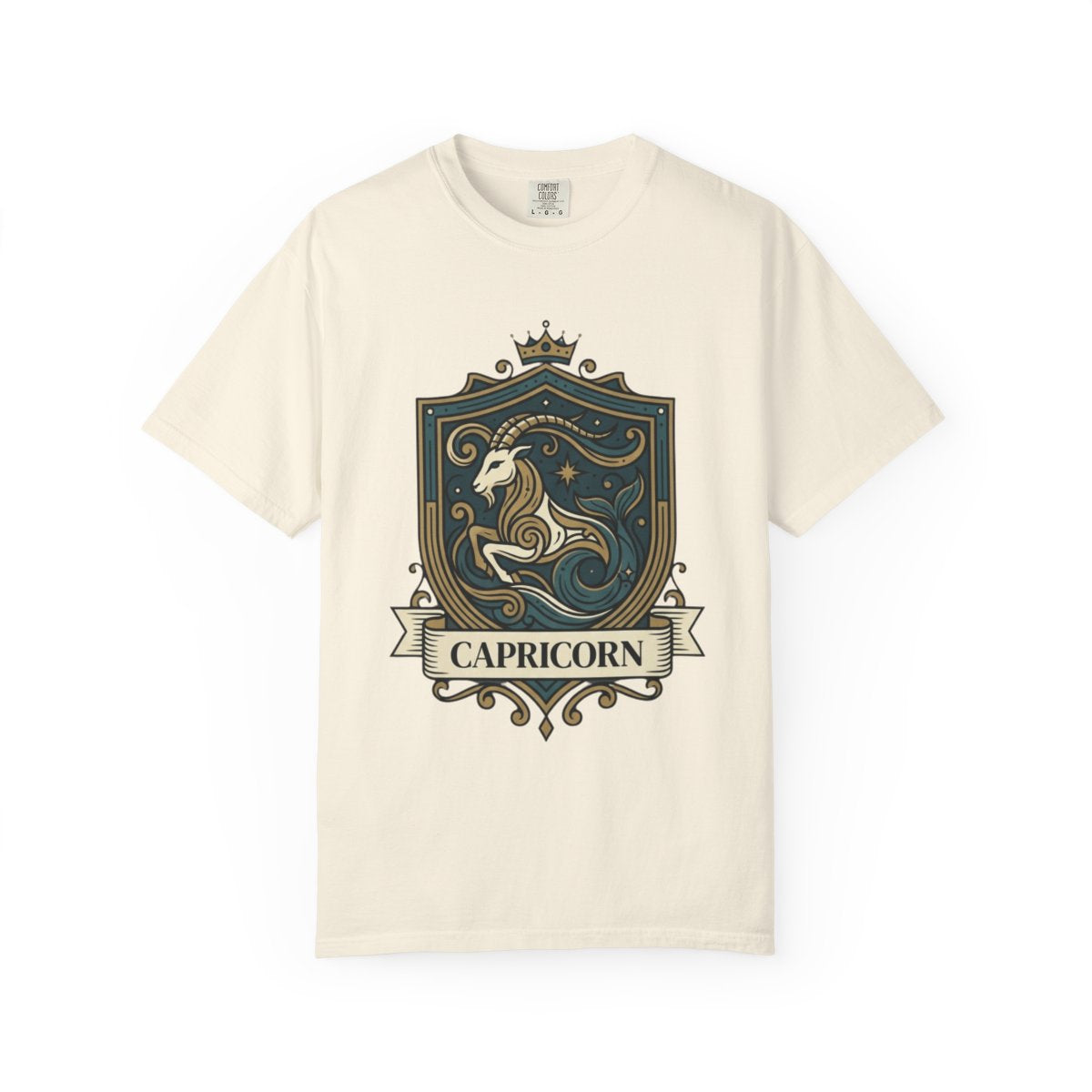 Color: Ivory | Capricorn- The Sea-Goat Crest Unisex Garment-Dyed Tee