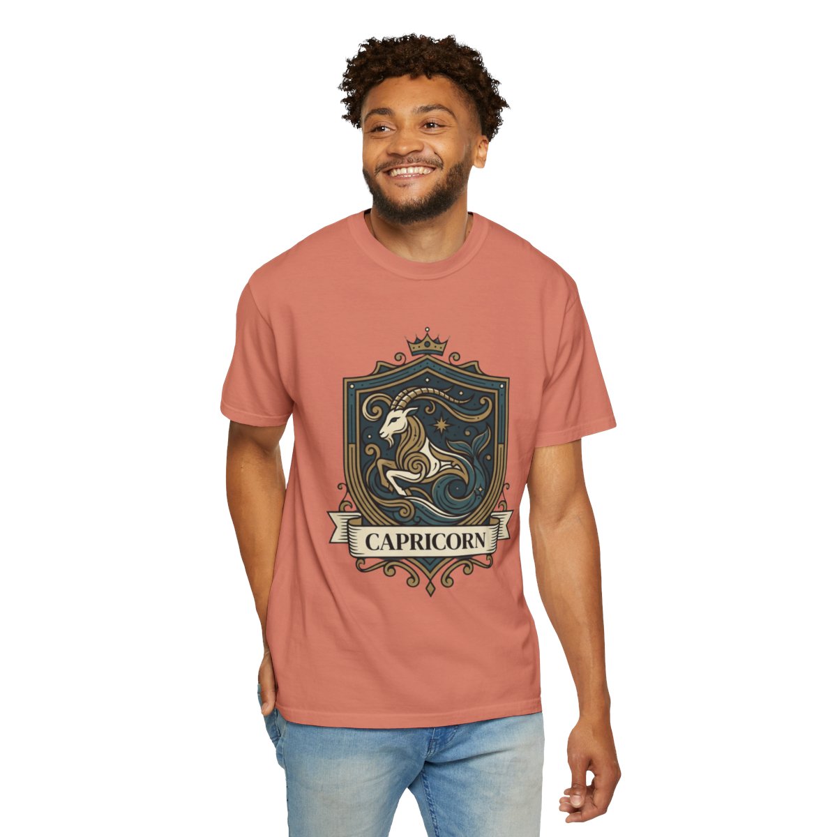 Color: Terracotta | Capricorn- The Sea-Goat Crest Unisex Garment-Dyed Tee