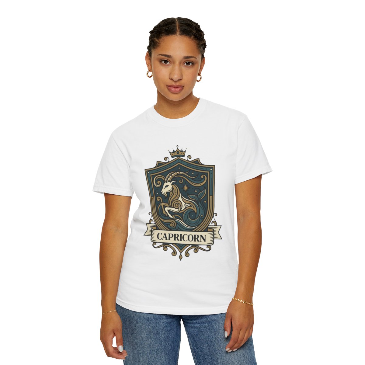 Color: White | Capricorn- The Sea-Goat Crest Unisex Garment-Dyed Tee
