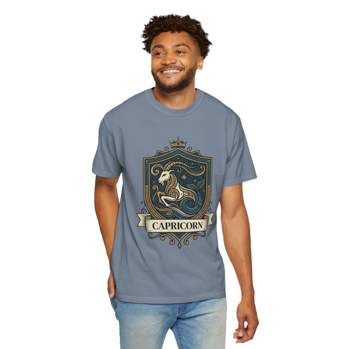 Color: Blue Jean | Capricorn- The Sea-Goat Crest Unisex Garment-Dyed Tee