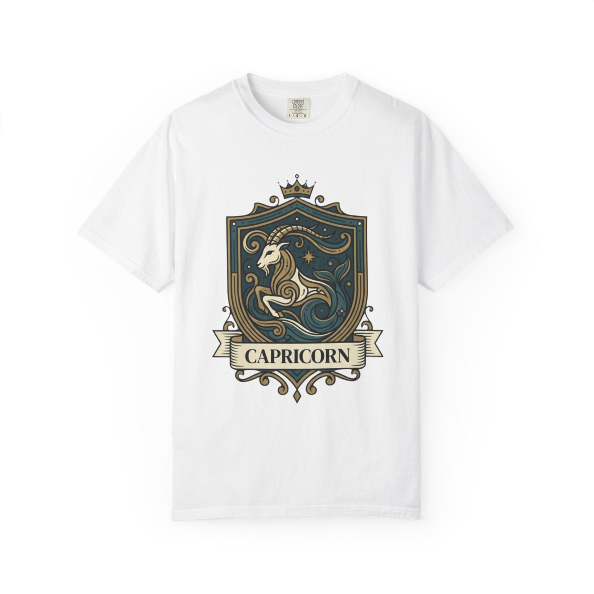 Color: White | Capricorn- The Sea-Goat Crest Unisex Garment-Dyed Tee