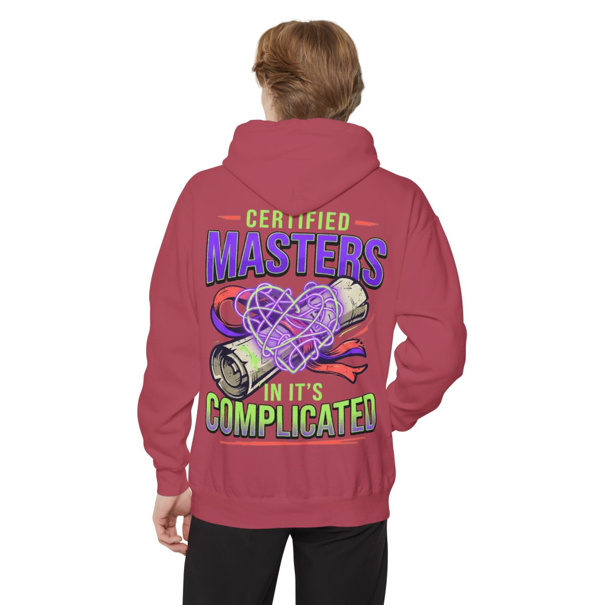 Color: Crimson | Certified In It's Complicated Garment-Dyed Hoodie