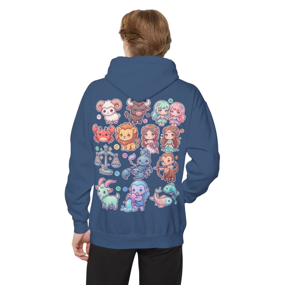 Color: True Navy | Cute Chibi Zodiac Garment-Dyed Hoodie
