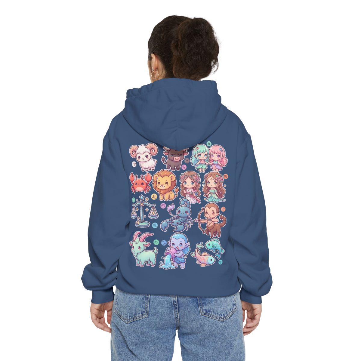 Color: True Navy | Cute Chibi Zodiac Garment-Dyed Hoodie