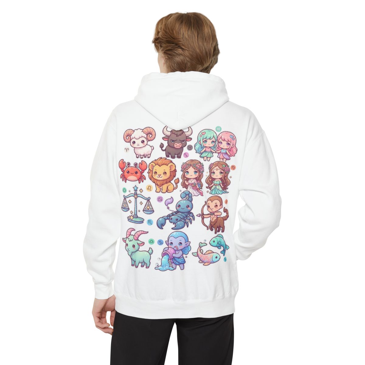 Color: White | Cute Chibi Zodiac Garment-Dyed Hoodie