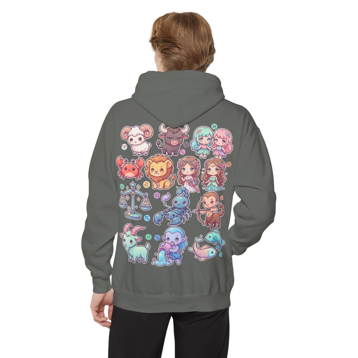 Color: Grey | Cute Chibi Zodiac Garment-Dyed Hoodie