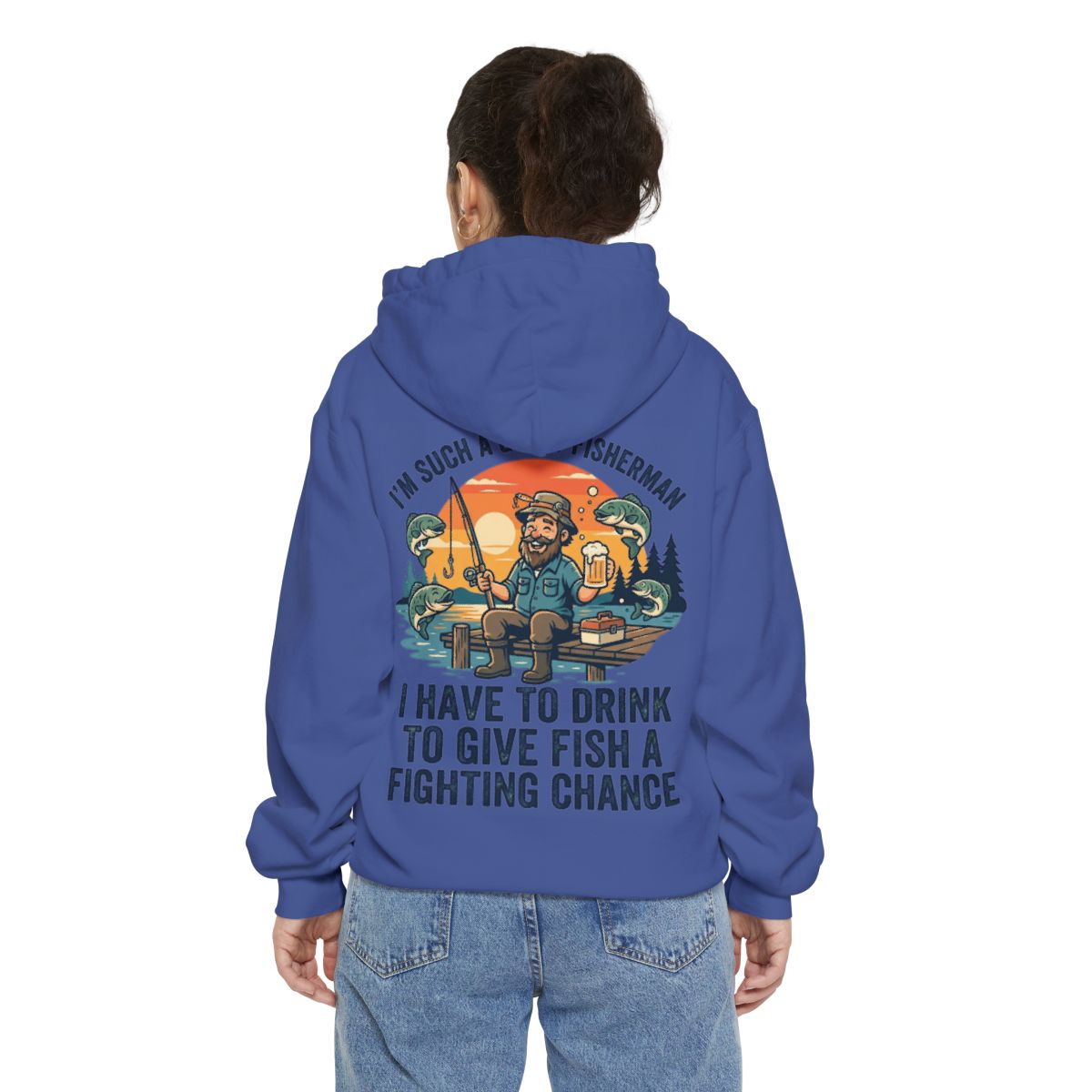 Color: Flo Blue | Drink to Give Fish a Fighting Chance Garment-Dyed Hoodie