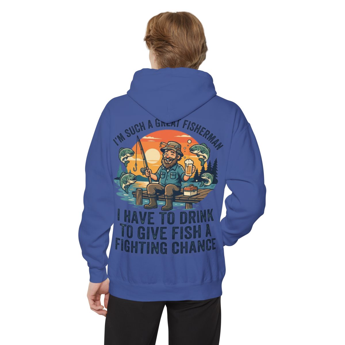 Color: Flo Blue | Drink to Give Fish a Fighting Chance Garment-Dyed Hoodie