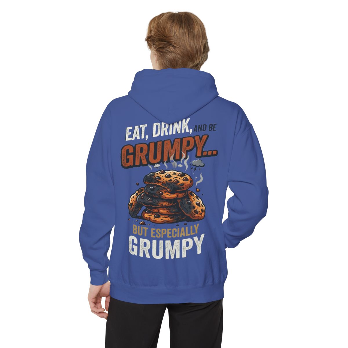Color: Flo Blue | Eat Drink And Be Grumpy Garment-Dyed Hoodie