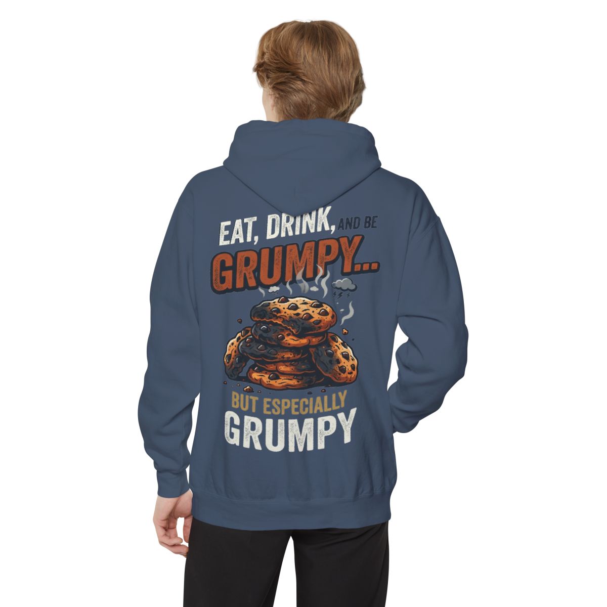 Color: Denim | Eat Drink And Be Grumpy Garment-Dyed Hoodie