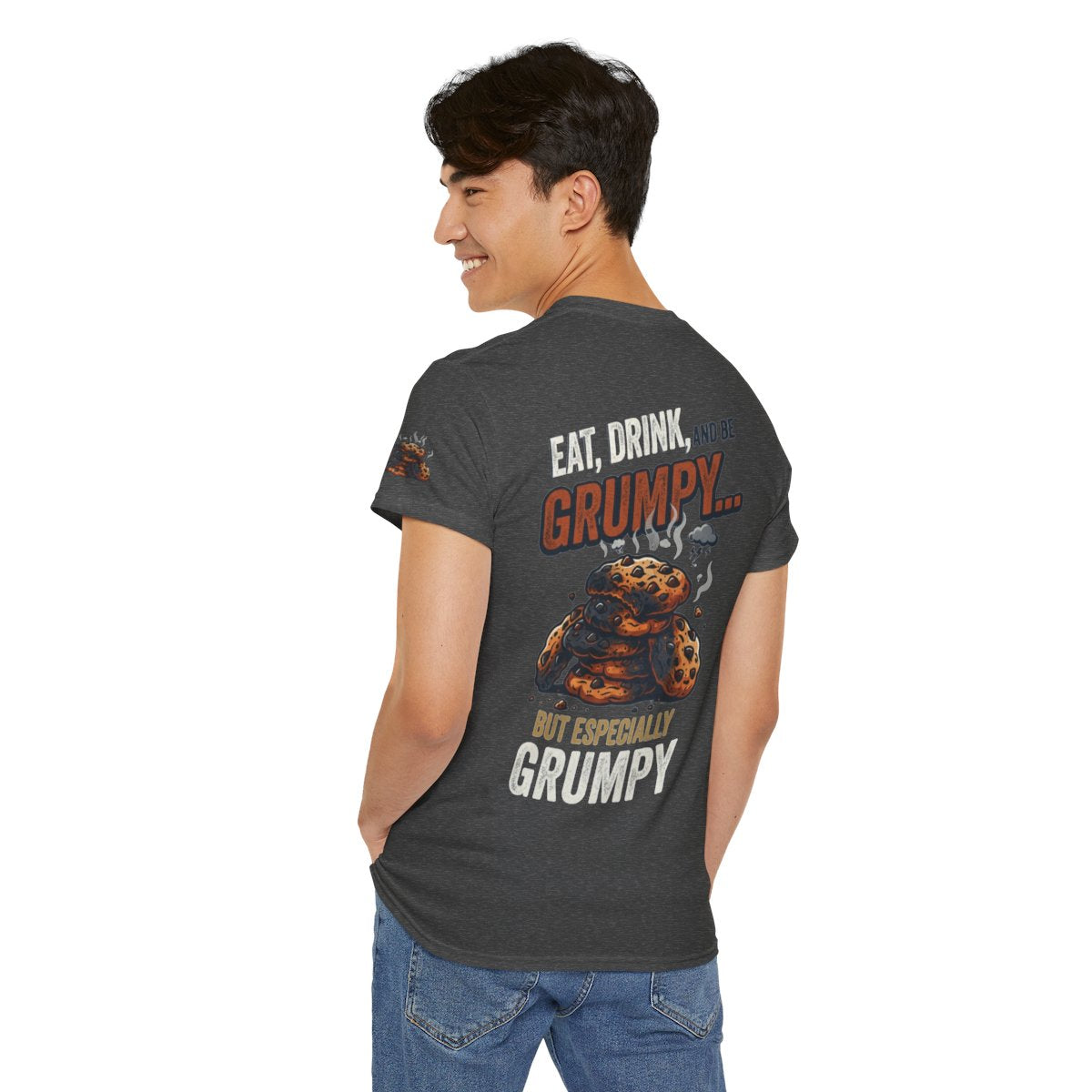 Color: Dark Heather | Eat Drink And Be Grumpy Premium Graphic Tee