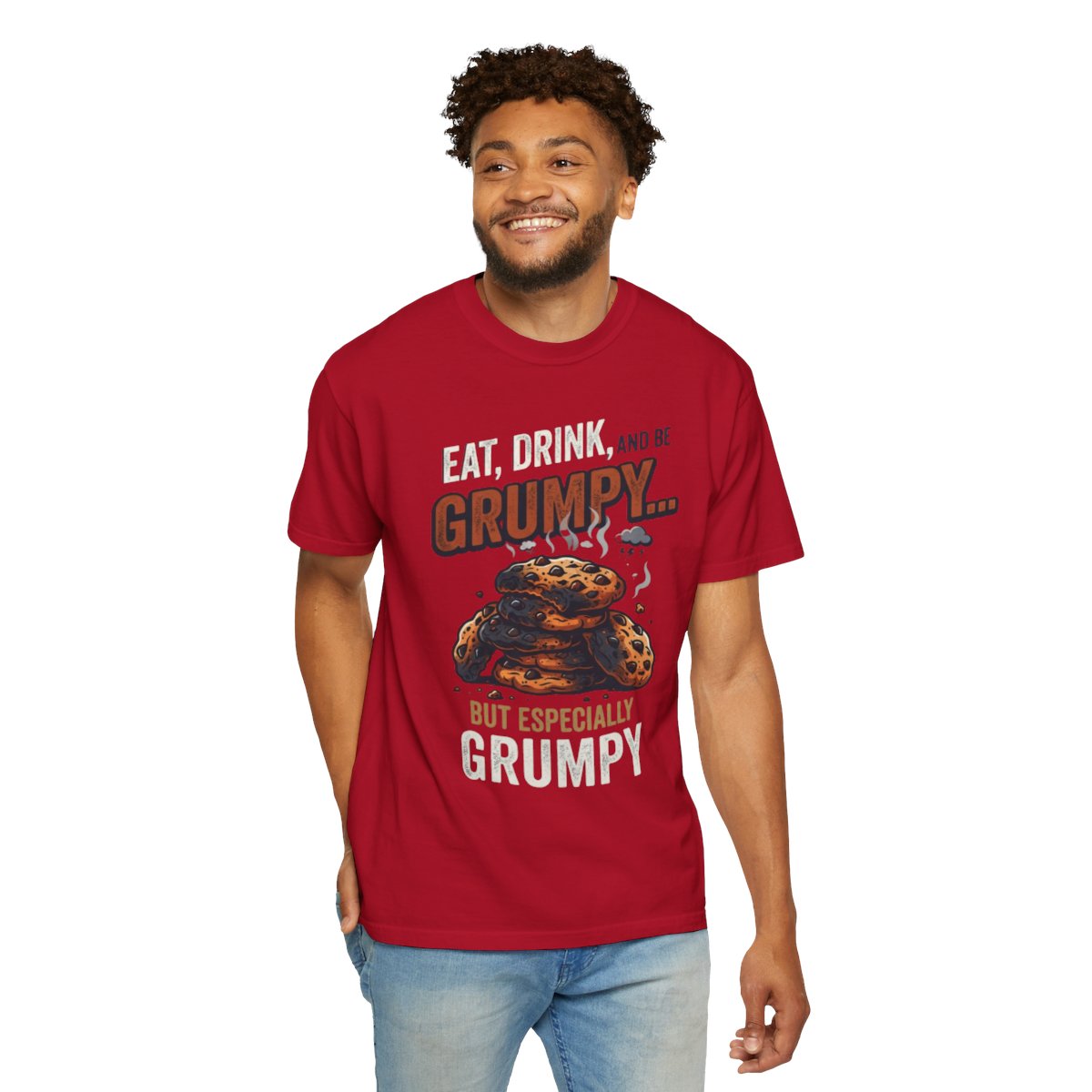 Color: Red | Eat Drink And Be Grumpy Unisex Garment-Dyed Tee
