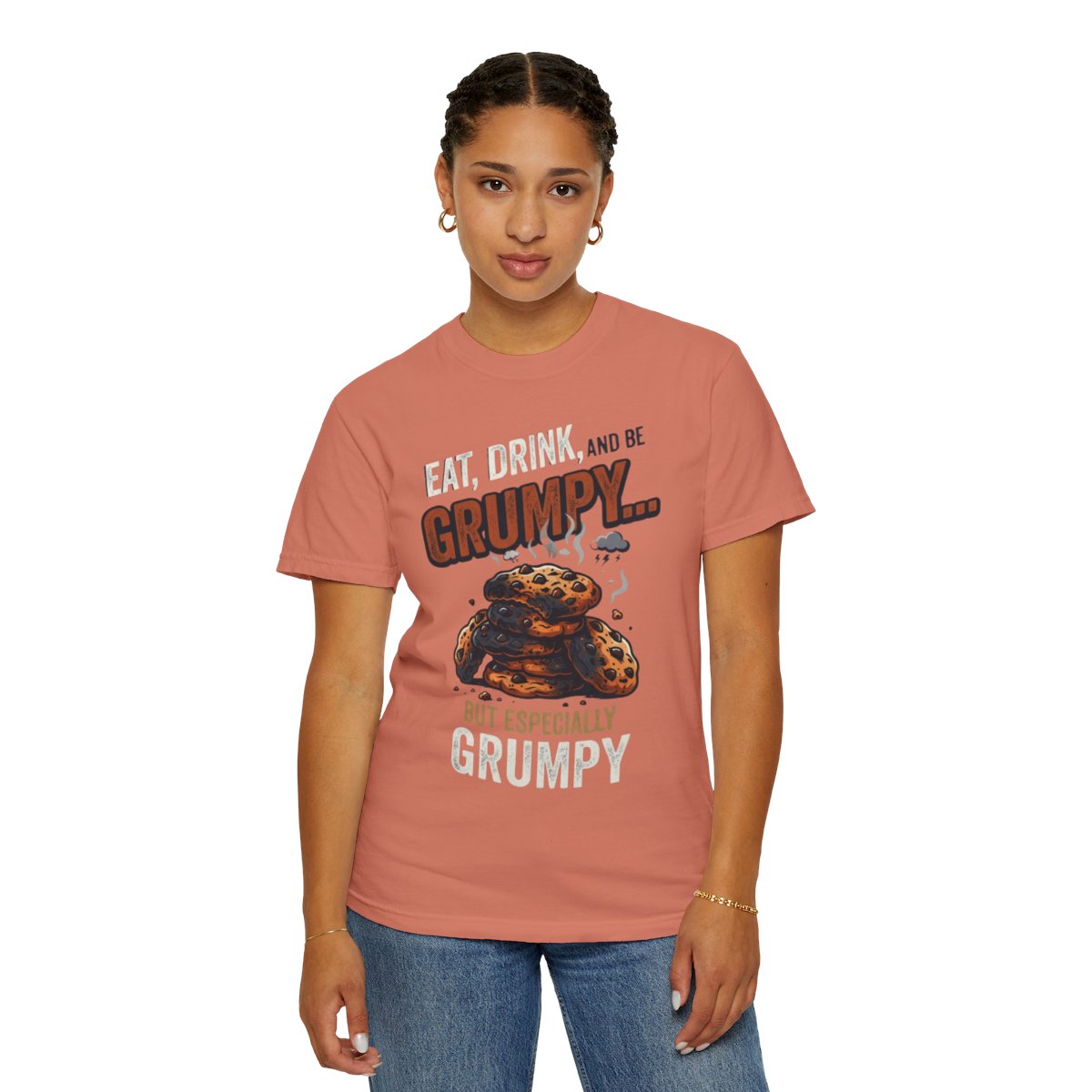 Color: Terracotta | Eat Drink And Be Grumpy Unisex Garment-Dyed Tee