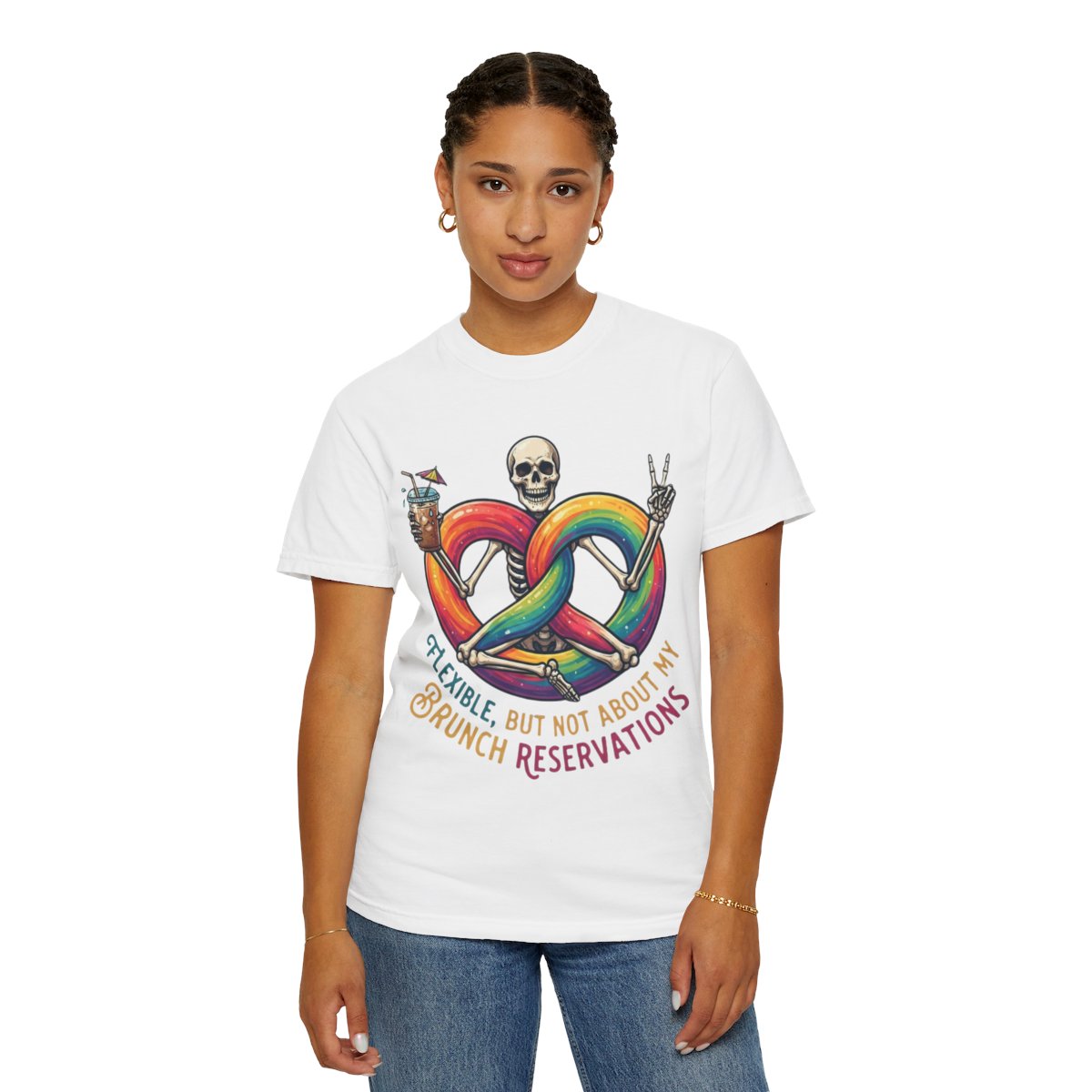 Color: White | Flexible But Not About Brunch Unisex Garment-Dyed Tee