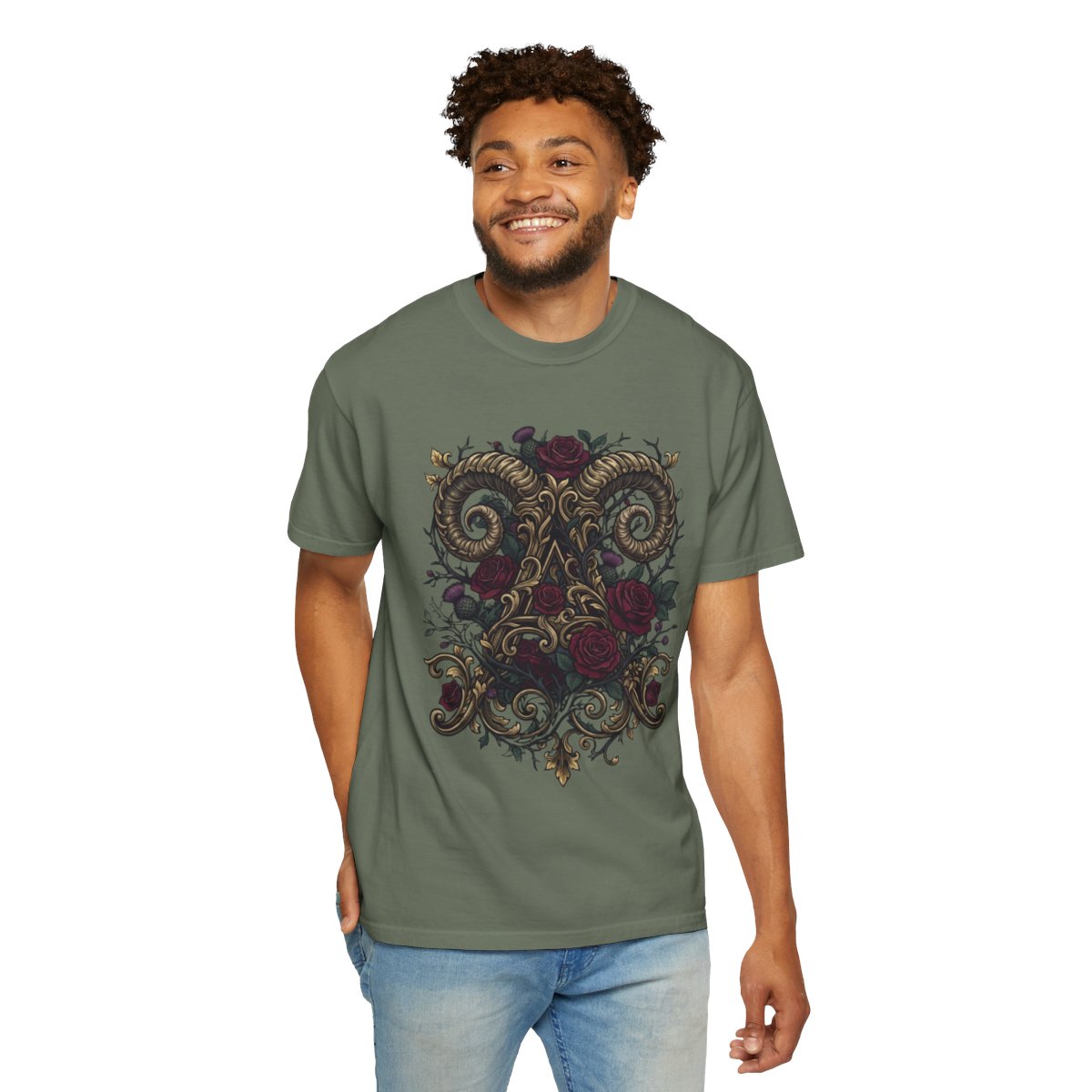 Color: Moss | Floral Monogram Aries Unisex Garment-Dyed Tee