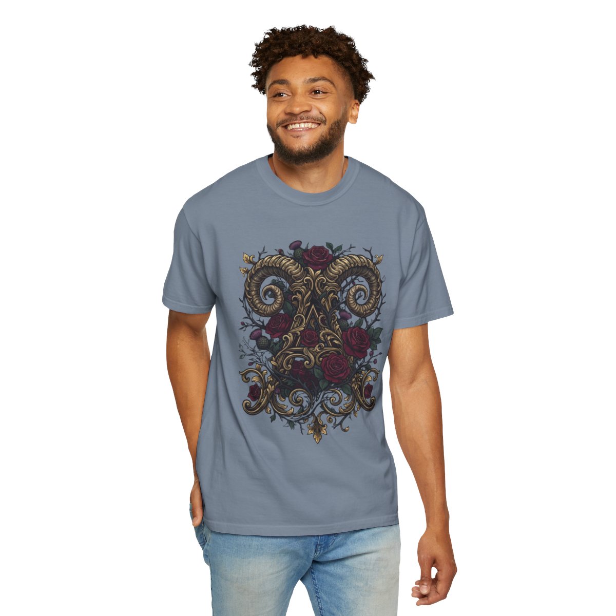 Color: Blue Jean | Floral Monogram Aries Unisex Garment-Dyed Tee