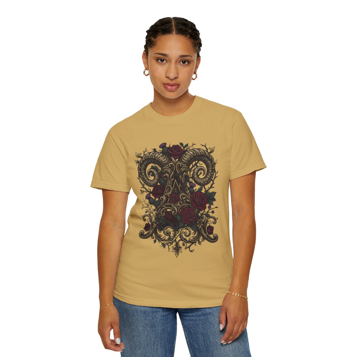 Color: Mustard | Floral Monogram Aries Unisex Garment-Dyed Tee