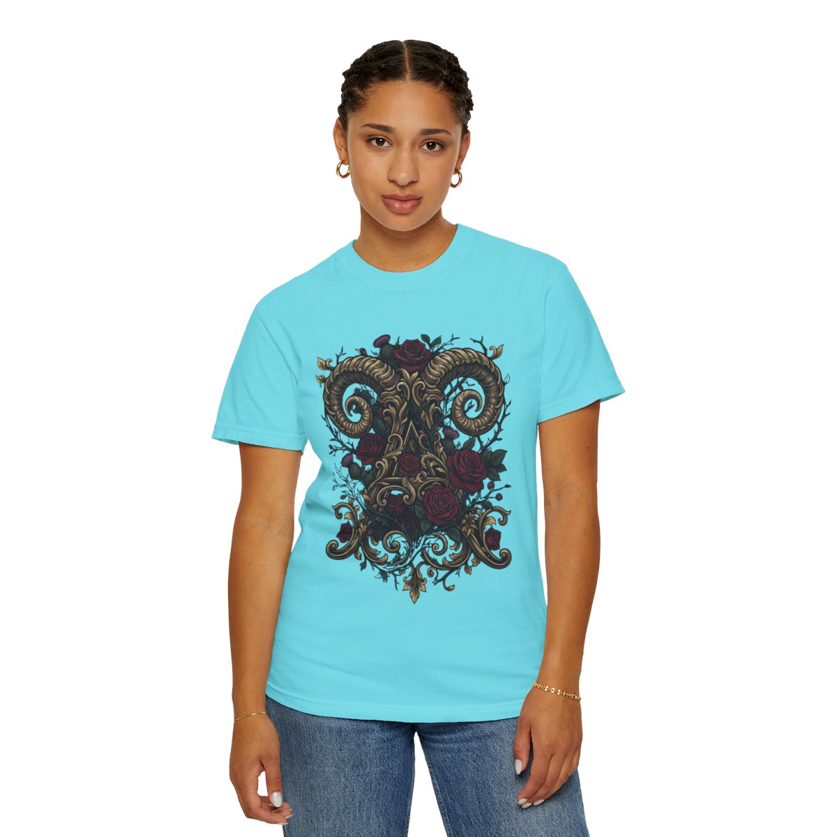 Color: Lagoon Blue | Floral Monogram Aries Unisex Garment-Dyed Tee