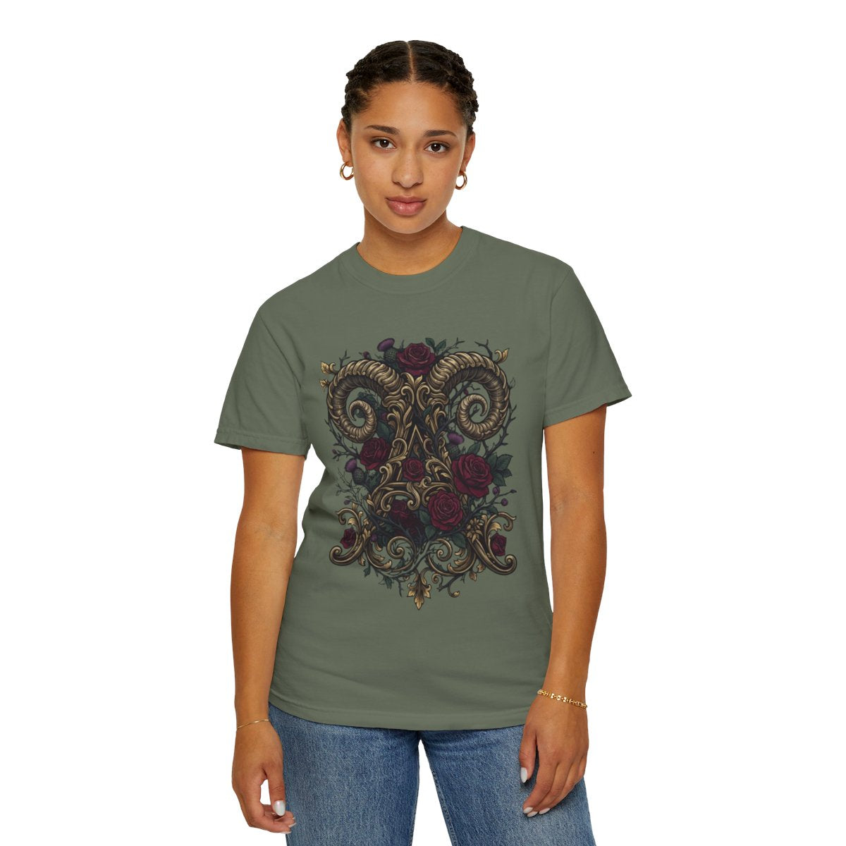 Color: Moss | Floral Monogram Aries Unisex Garment-Dyed Tee