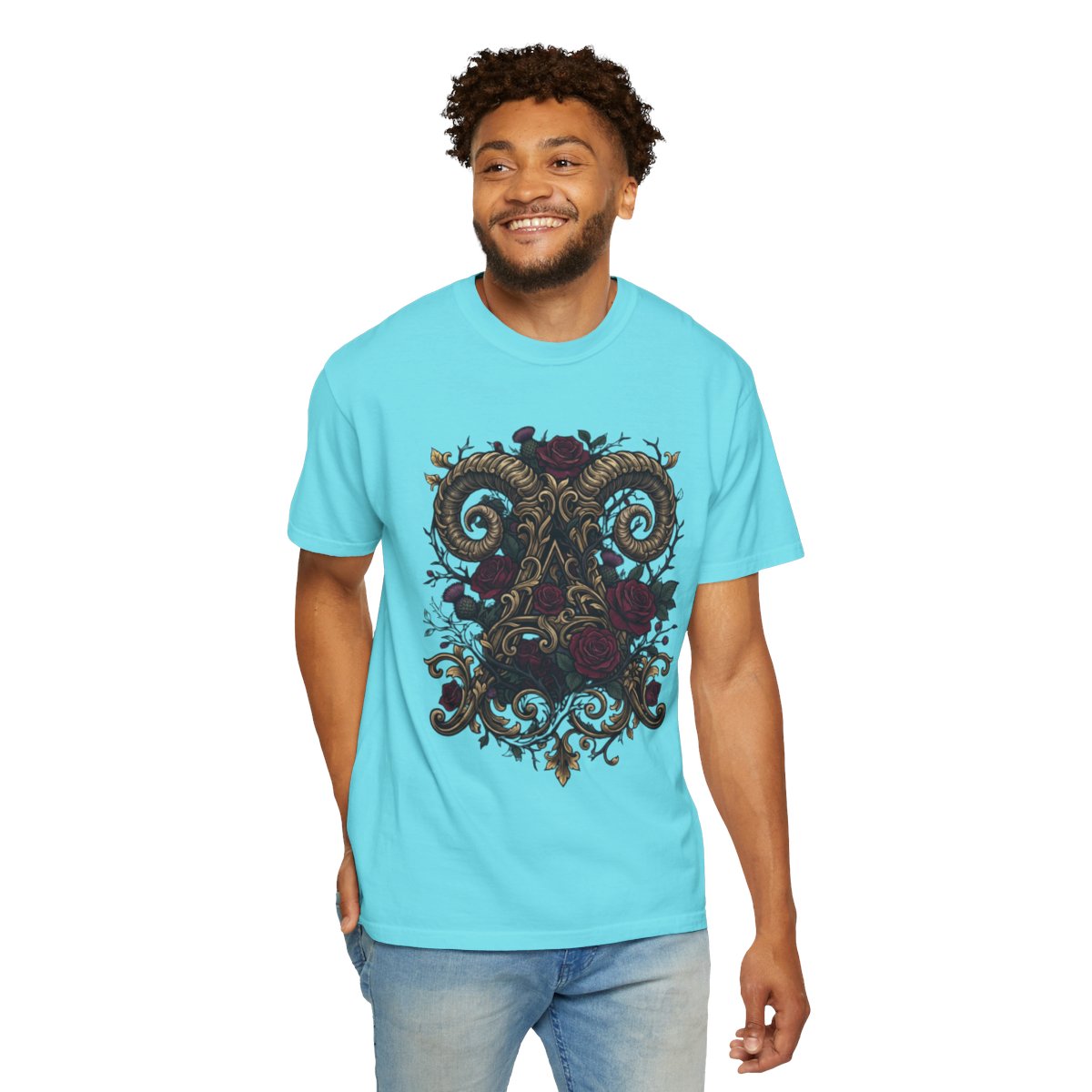 Color: Lagoon Blue | Floral Monogram Aries Unisex Garment-Dyed Tee