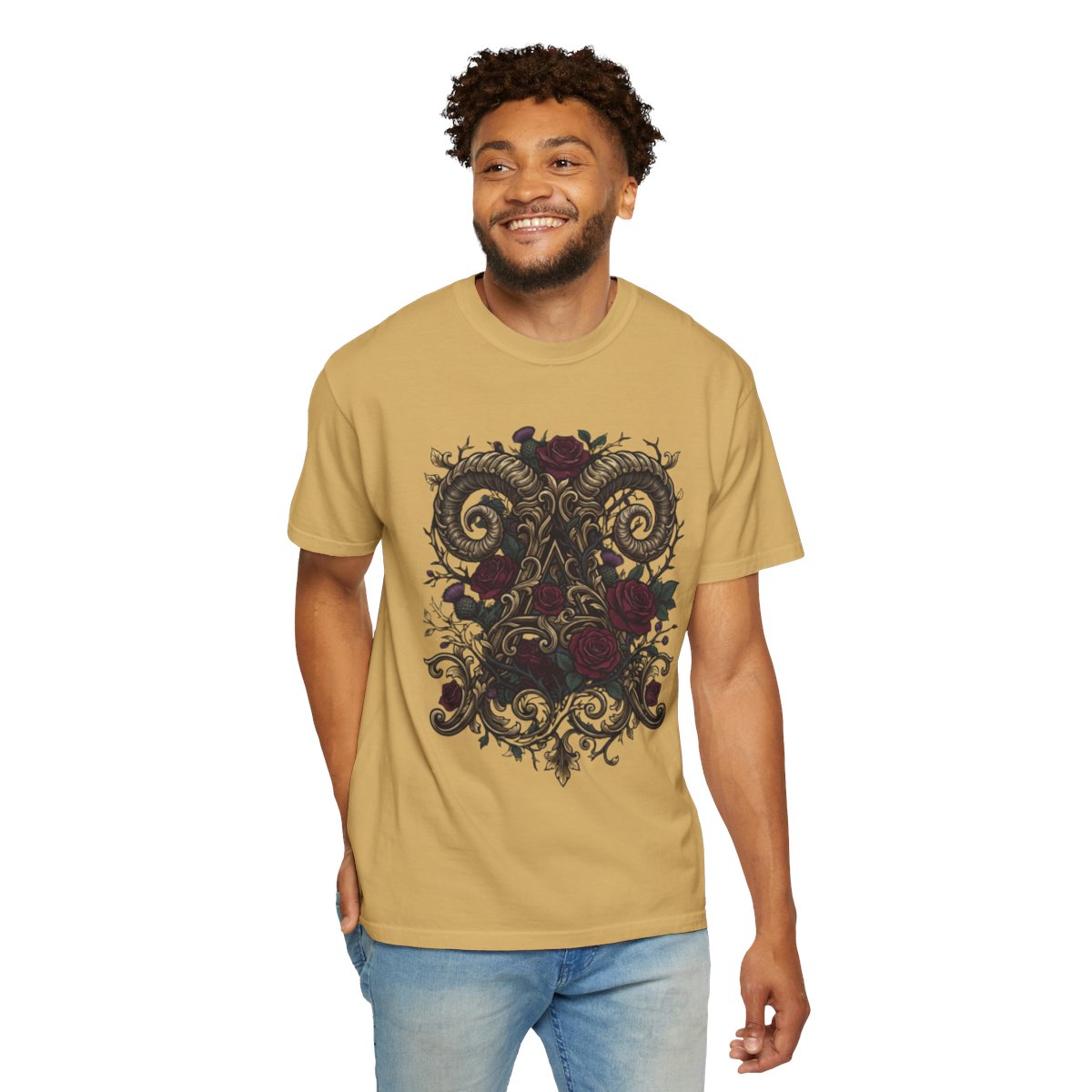 Color: Mustard | Floral Monogram Aries Unisex Garment-Dyed Tee