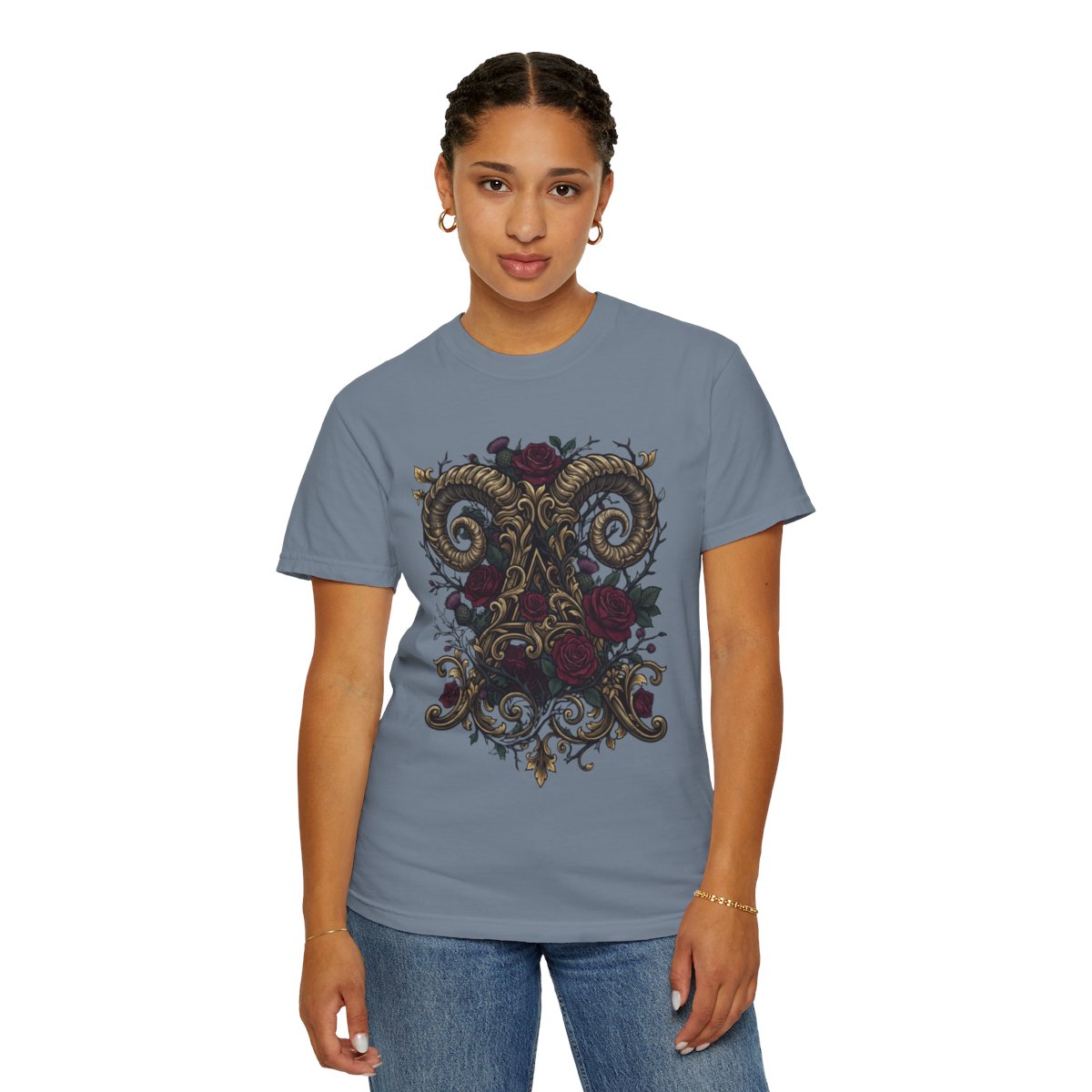 Color: Blue Jean | Floral Monogram Aries Unisex Garment-Dyed Tee
