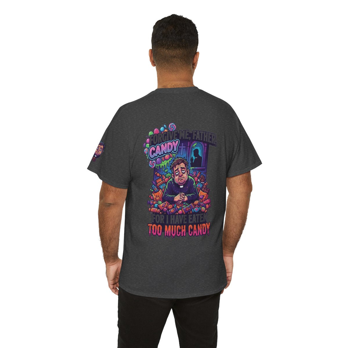 Color: Dark Heather | Forgive Me Father Too Much Candy Premium Graphic Tee