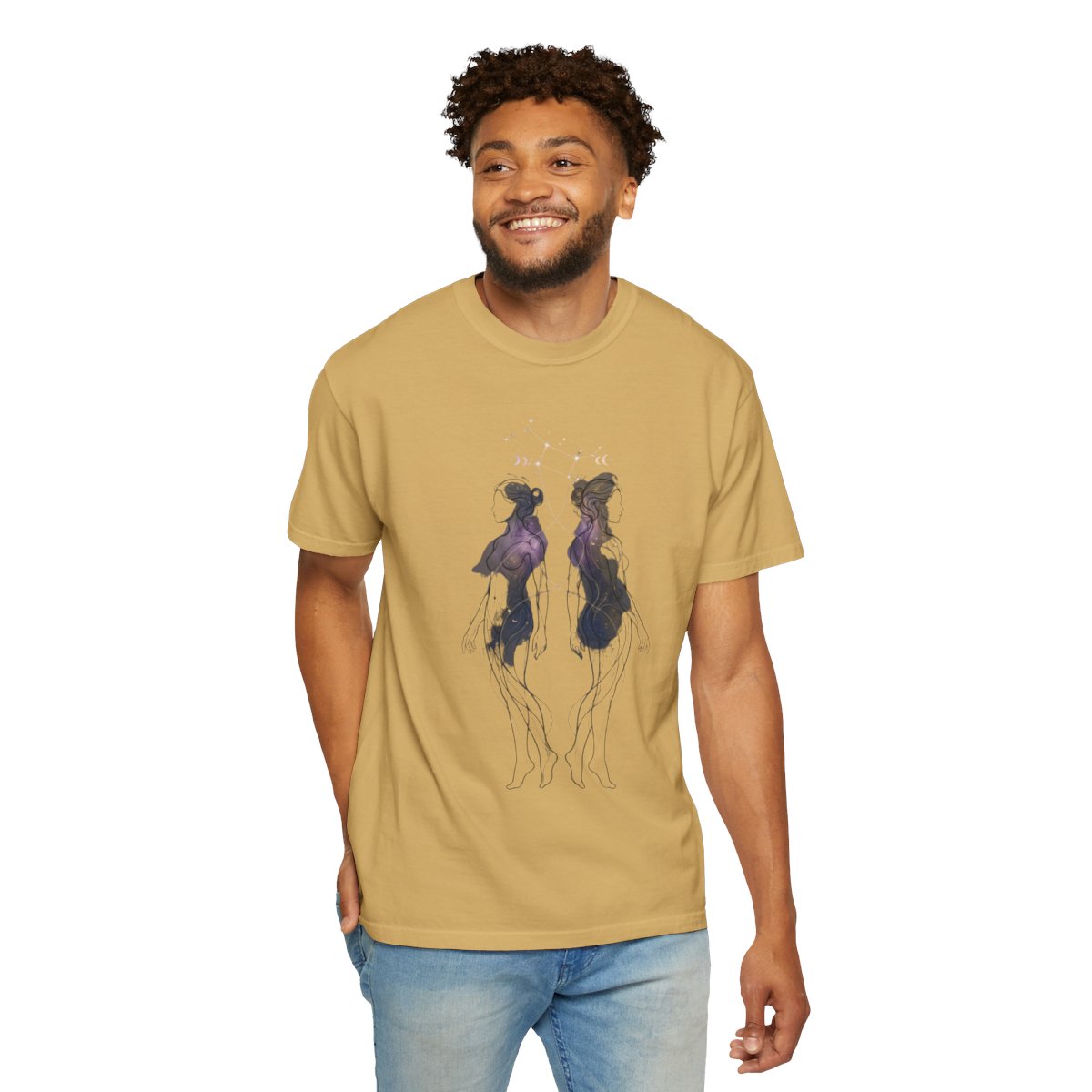 Color: Mustard | Gemini The Celestial Twins Unisex Garment-Dyed Tee