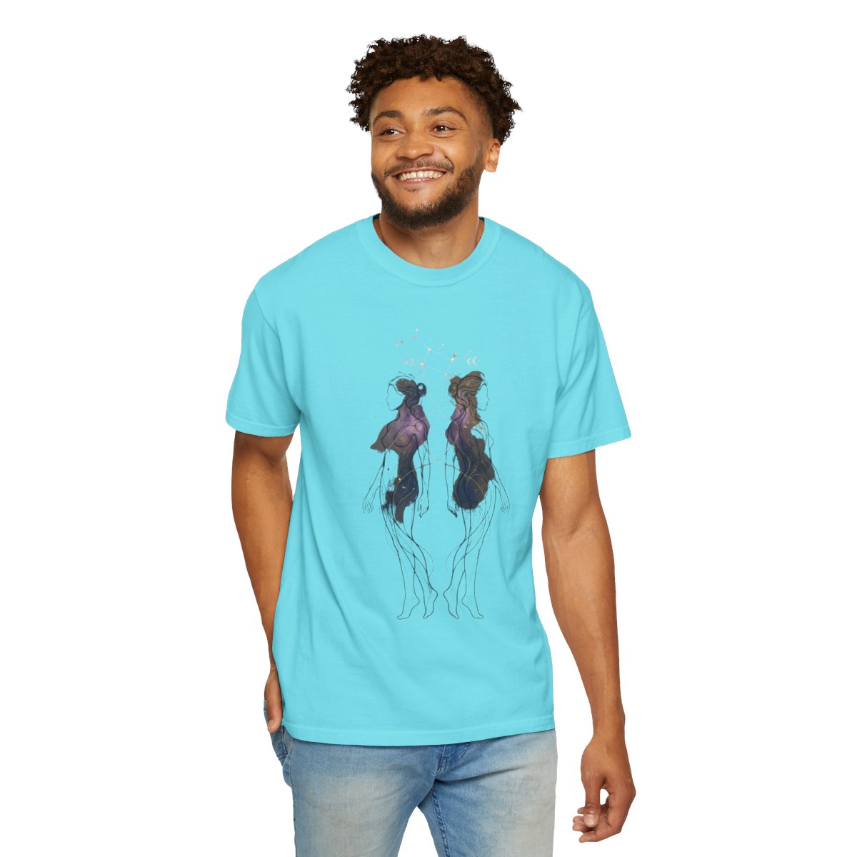 Color: Lagoon Blue | Gemini The Celestial Twins Unisex Garment-Dyed Tee