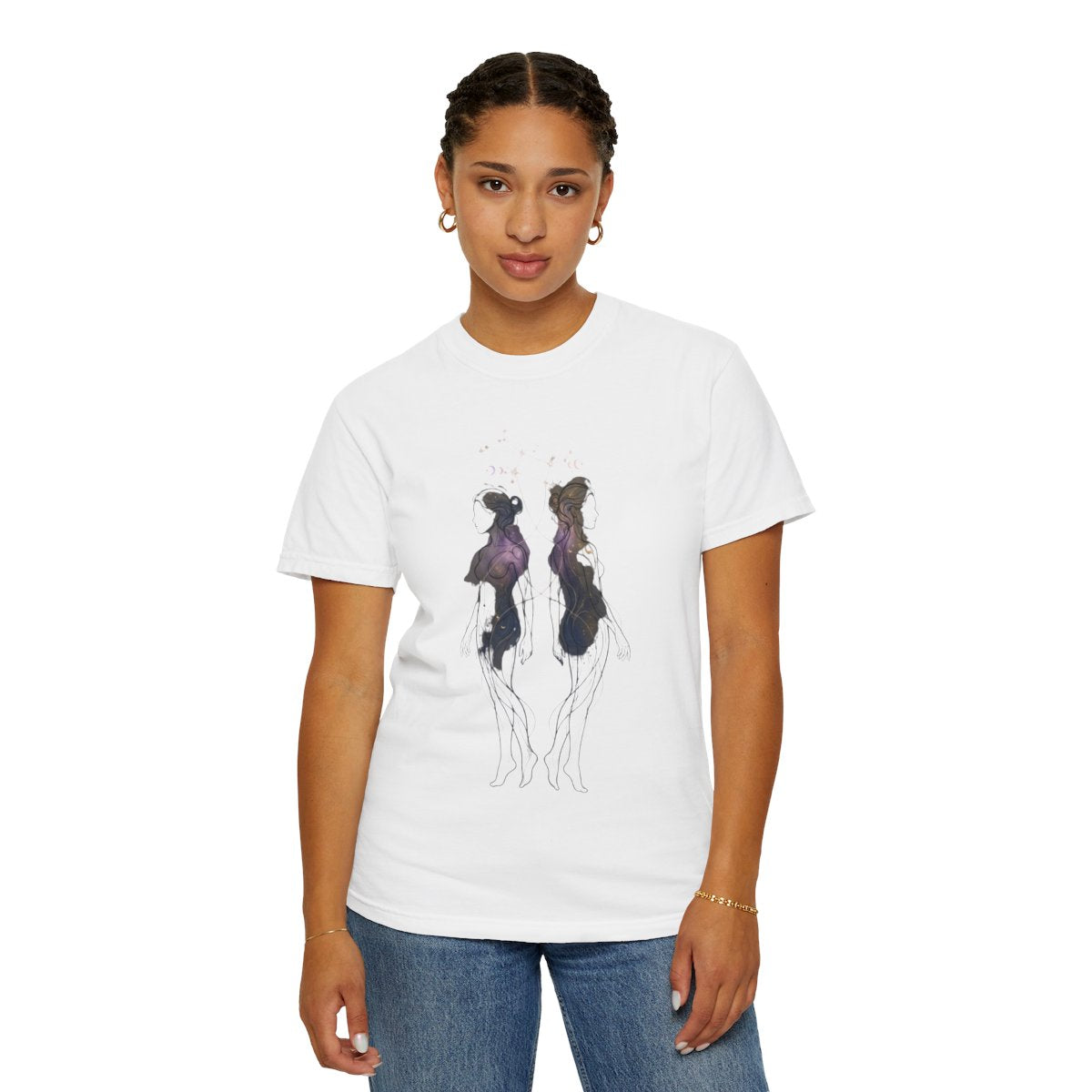 Color: White | Gemini The Celestial Twins Unisex Garment-Dyed Tee