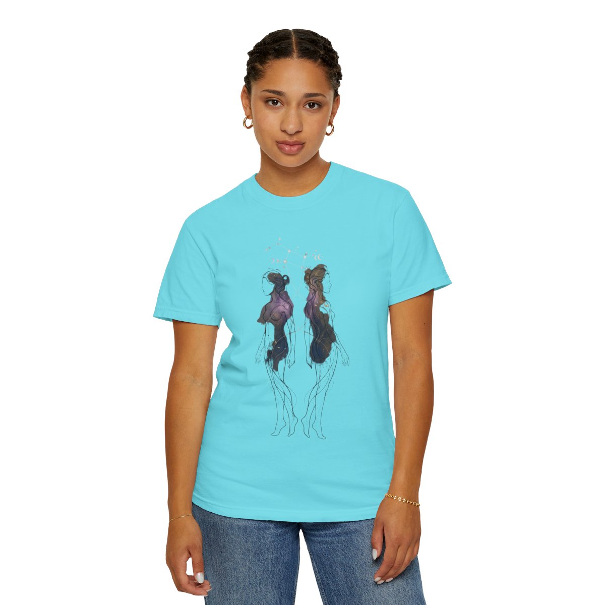 Color: Lagoon Blue | Gemini The Celestial Twins Unisex Garment-Dyed Tee