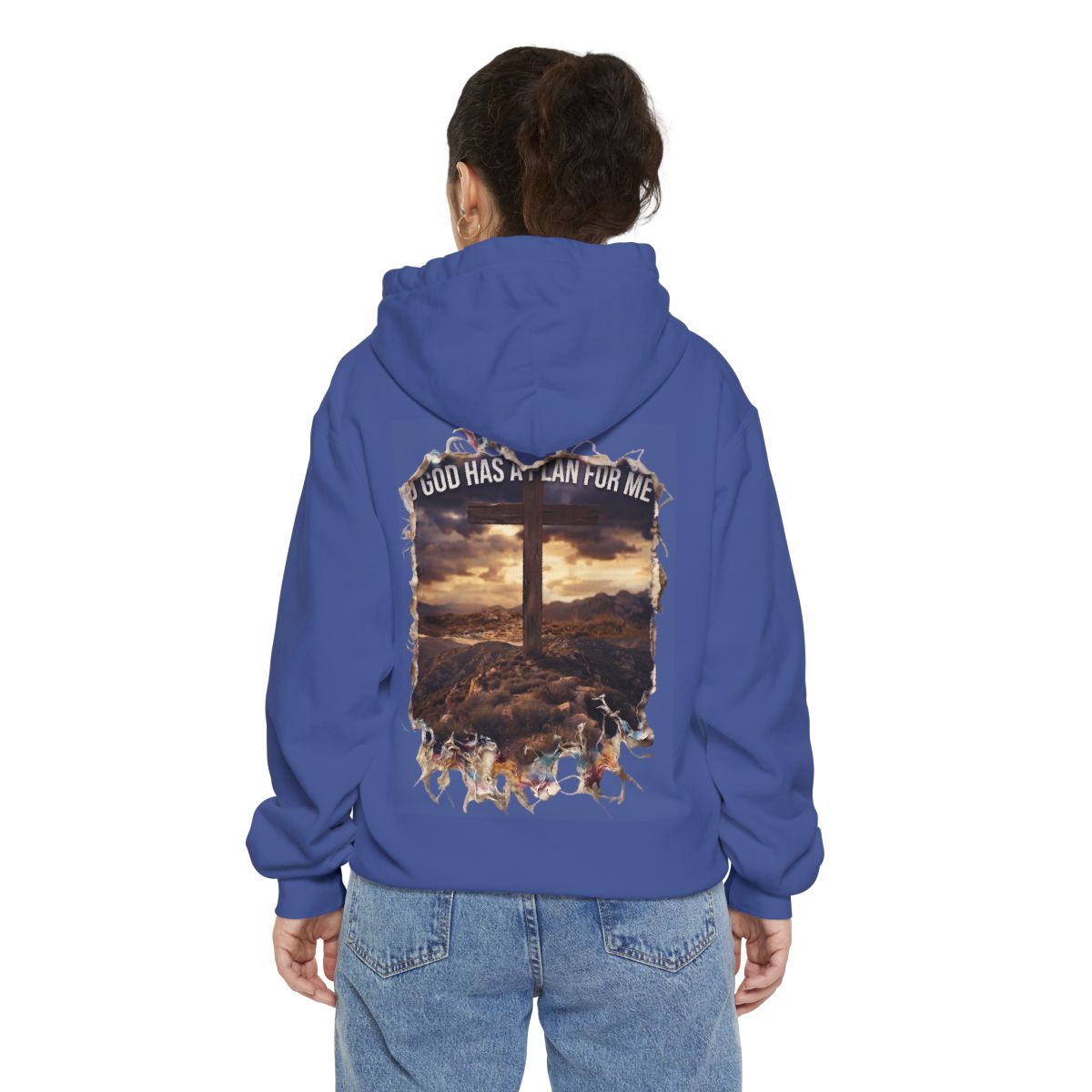 Color: Flo Blue | God Has A Plan For Me Garment-Dyed Hoodie