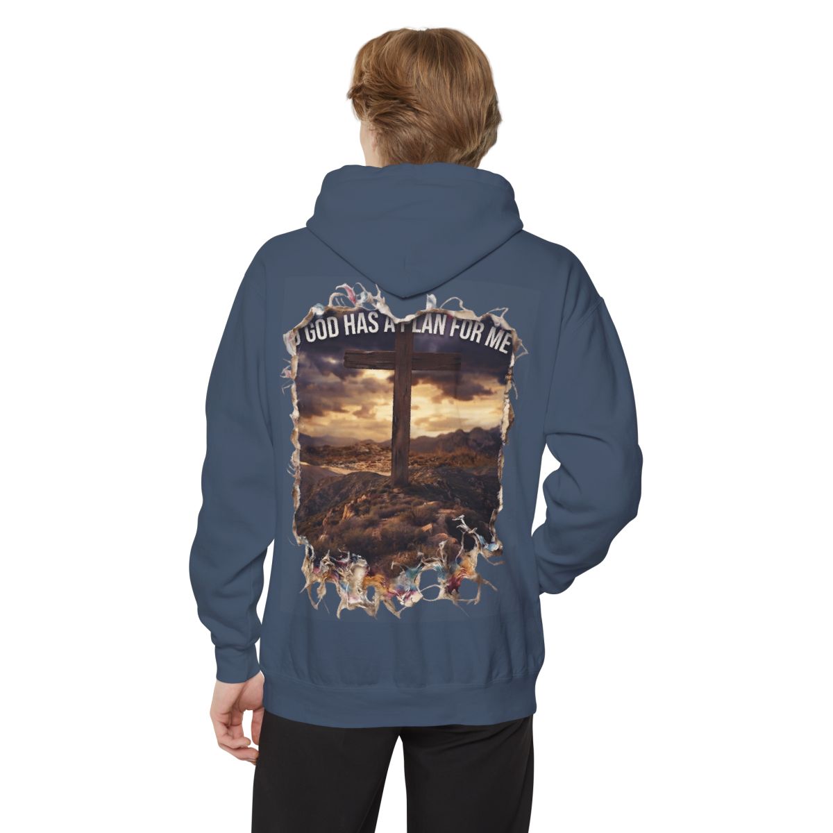 Color: Denim | God Has A Plan For Me Garment-Dyed Hoodie