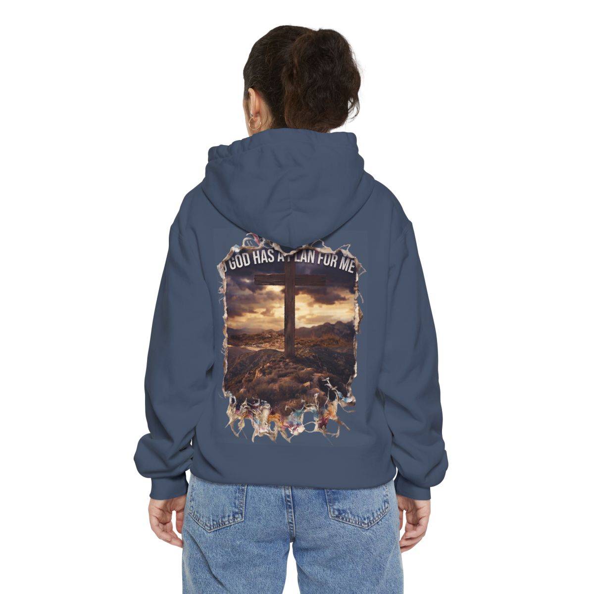 Color: Denim | God Has A Plan For Me Garment-Dyed Hoodie