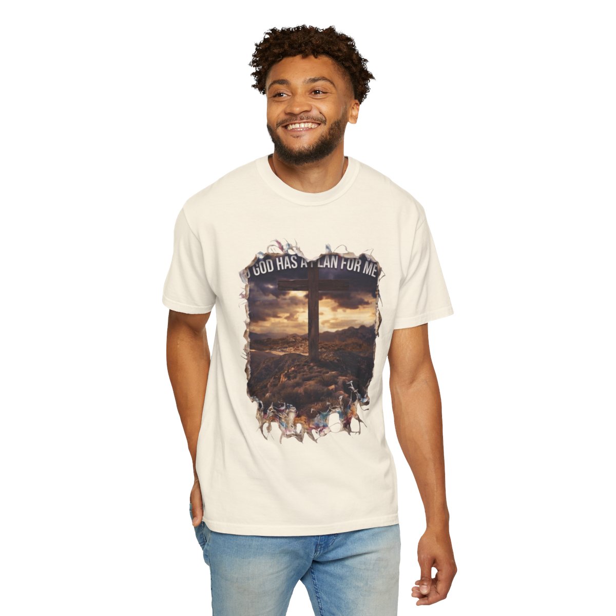 Color: Ivory | God Has A Plan For Me Unisex Garment-Dyed Tee