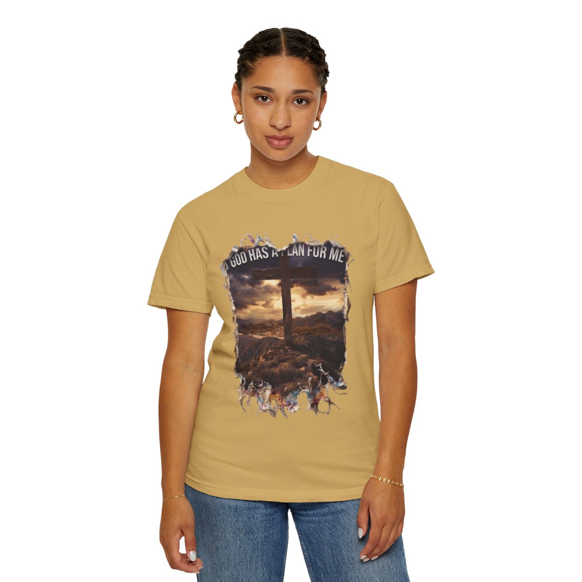 Color: Mustard | God Has A Plan For Me Unisex Garment-Dyed Tee