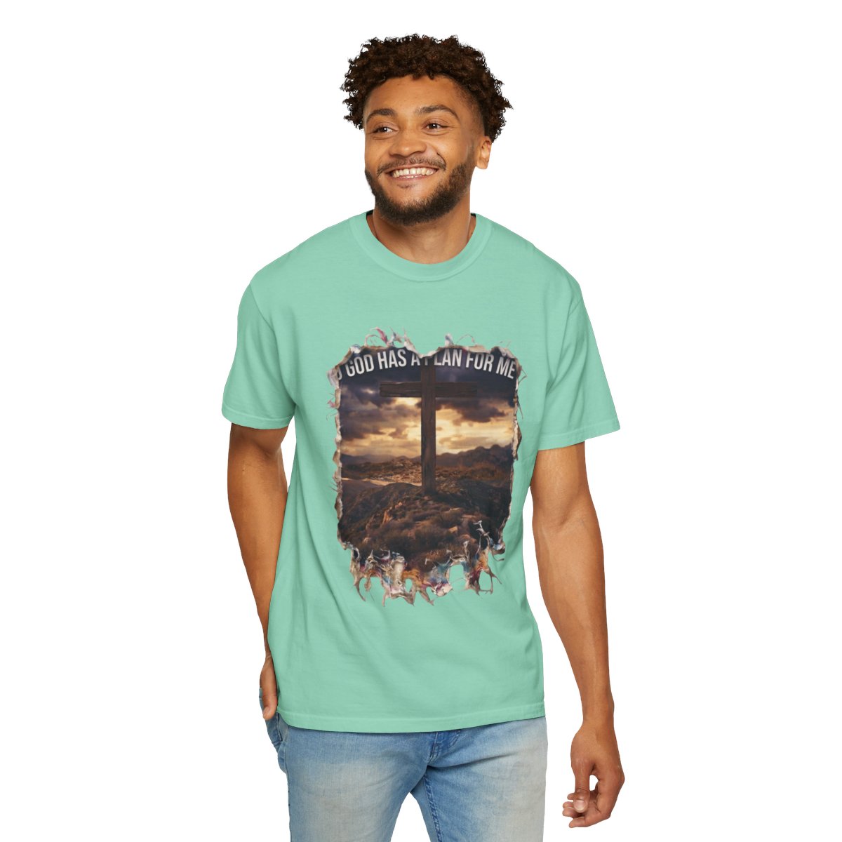 Color: Island Reef | God Has A Plan For Me Unisex Garment-Dyed Tee