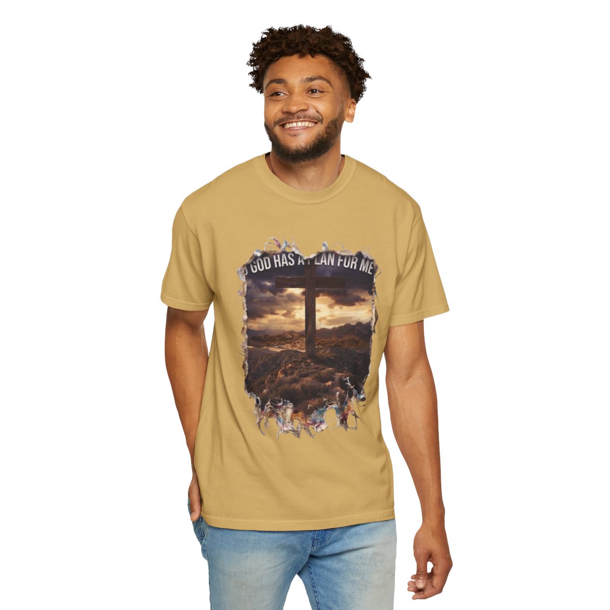 Color: Mustard | God Has A Plan For Me Unisex Garment-Dyed Tee