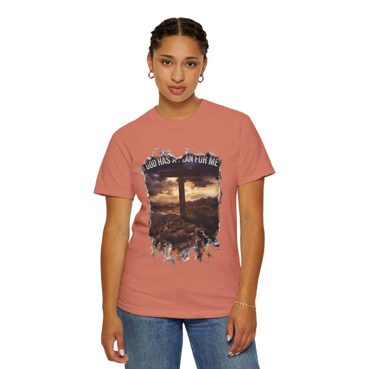 Color: Terracotta | God Has A Plan For Me Unisex Garment-Dyed Tee