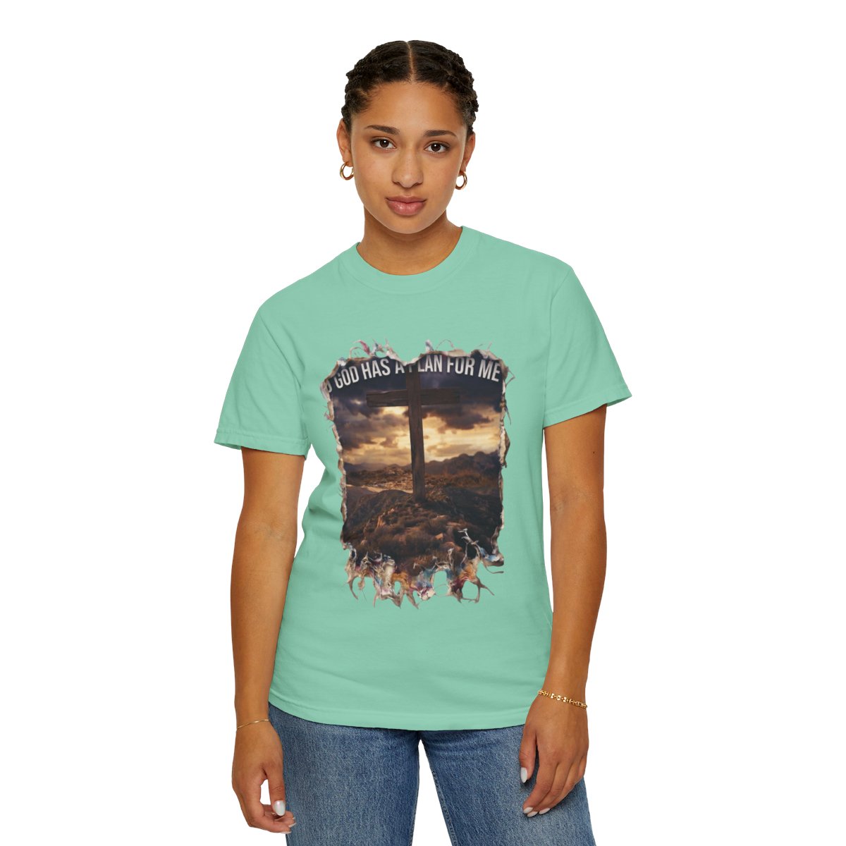 Color: Island Reef | God Has A Plan For Me Unisex Garment-Dyed Tee