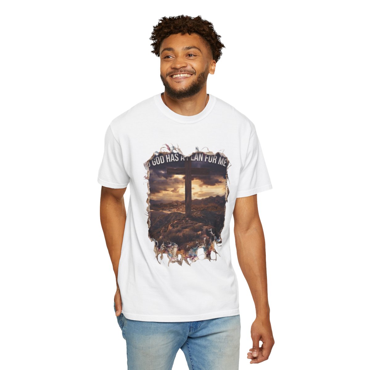 Color: White | God Has A Plan For Me Unisex Garment-Dyed Tee