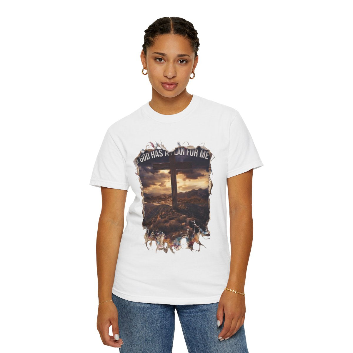 Color: White | God Has A Plan For Me Unisex Garment-Dyed Tee