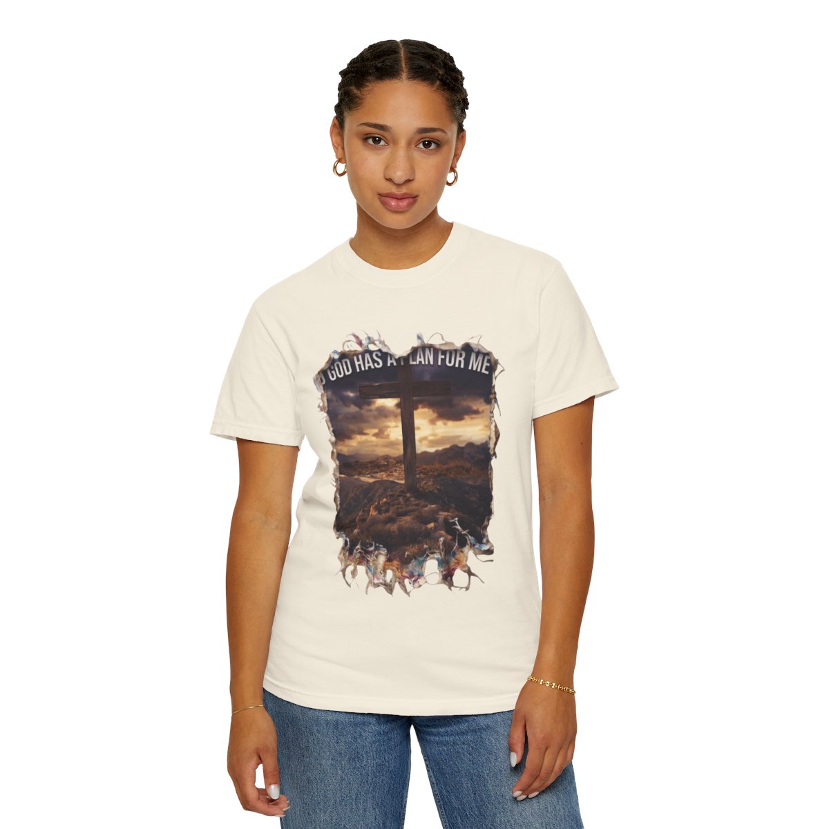 Color: Ivory | God Has A Plan For Me Unisex Garment-Dyed Tee