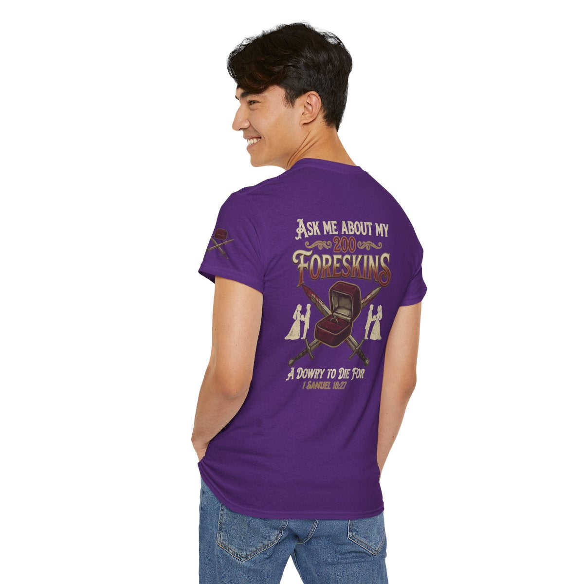 Color: Purple | Good Book Series 200 Foreskins Premium Graphic Tee