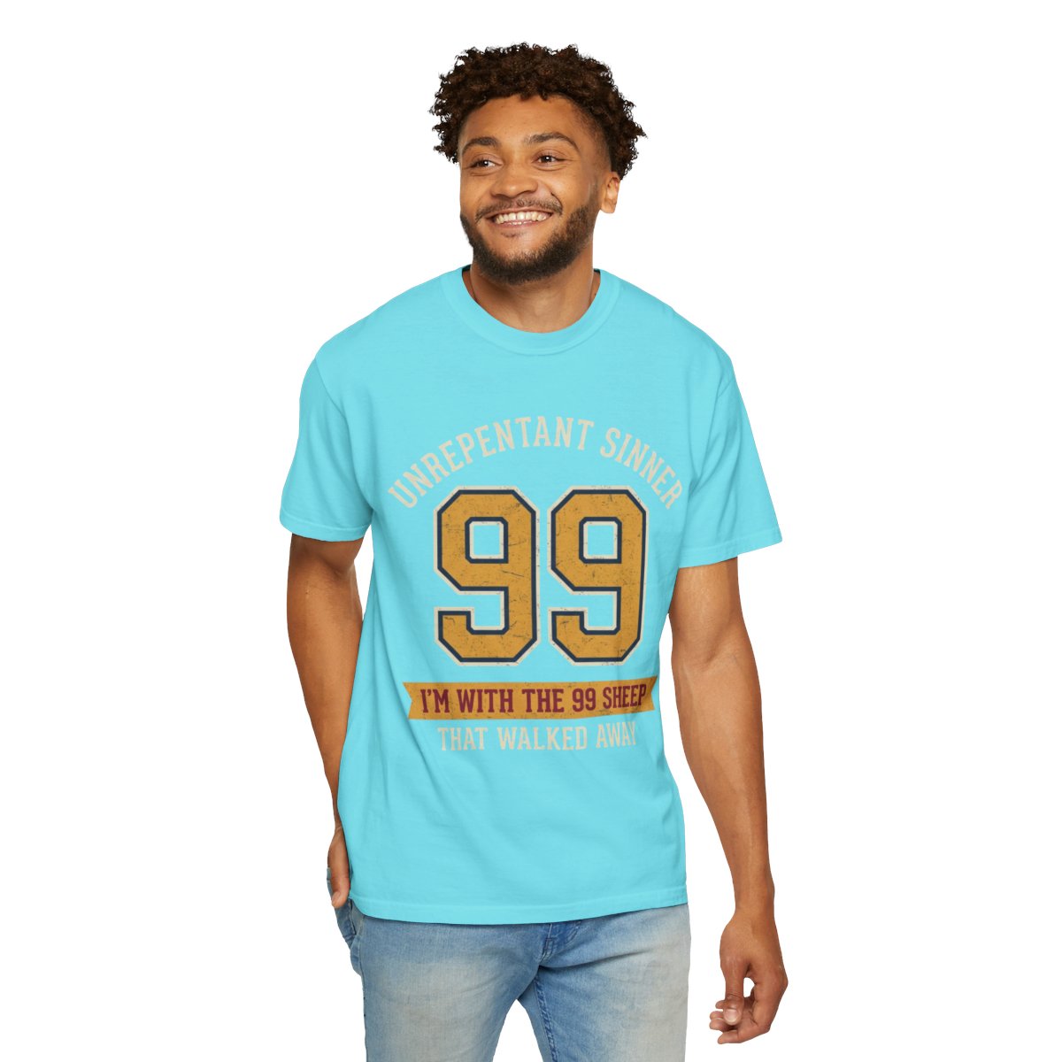 Color: Lagoon Blue | Good Book Series 99 Unrepentant Sinner Unisex Garment-Dyed Tee