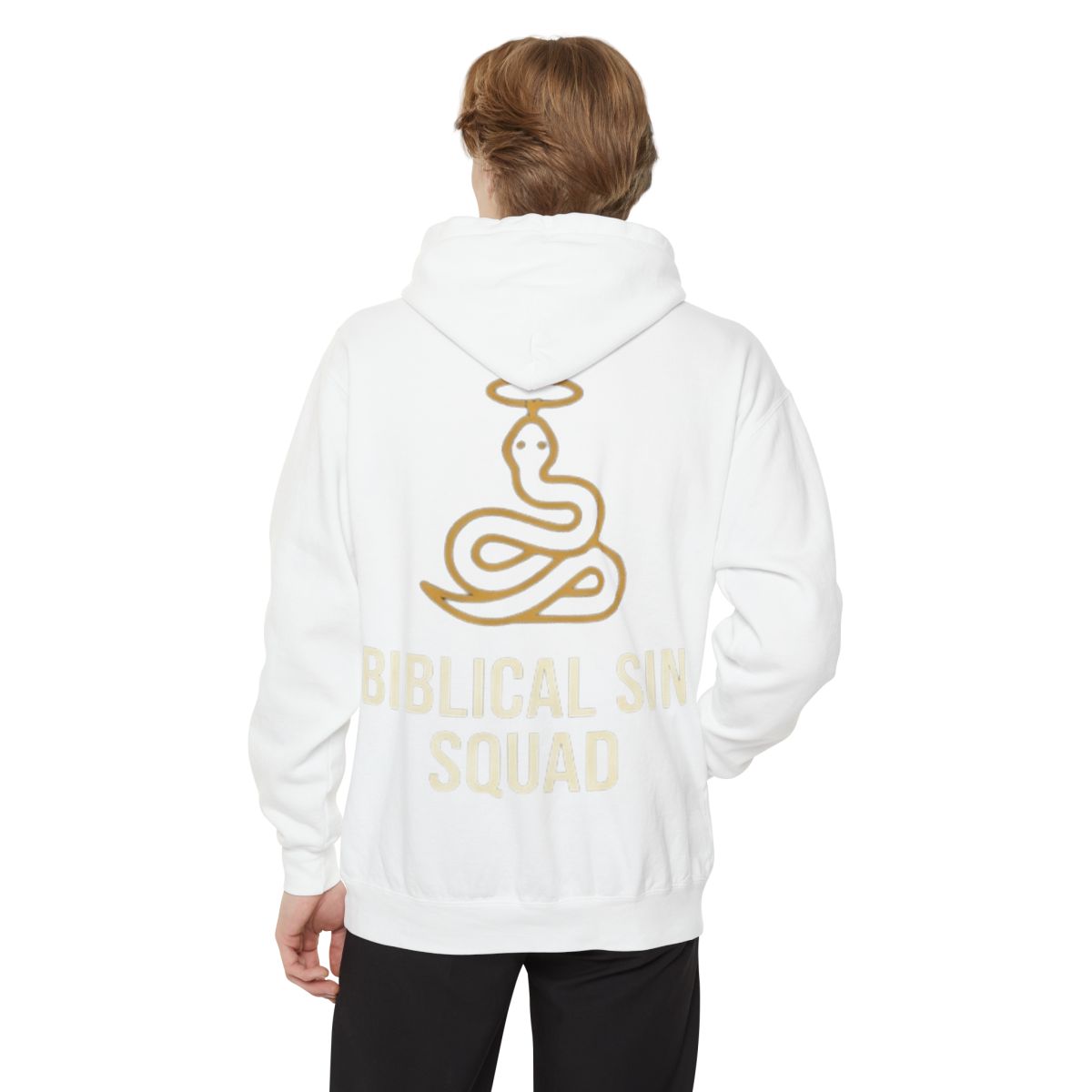 Color: White | Good Book Series Biblical Sin Squad Garment-Dyed Hoodie